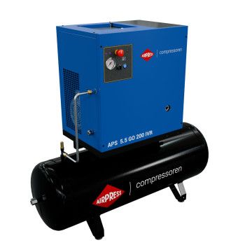 Schroefcompressor APS 5.5 GO 200 Combi IVR 5.5 pk/4 kW 10 bar 498 l/min 200 l Schroefcompressor APS 5.5 GO 200 Combi IVR 5.5 pk/4 kW 10 bar 498 l/min 200 l