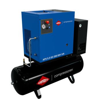 Schroefcompressor APS 5.5 GO 200 Combi Dry IVR 5.5 pk/4 kW 10 bar 498 l/min 200 l Schroefcompressor APS 5.5 GO 200 Combi Dry IVR 5.5 pk/4 kW 10 bar 498 l/min 200 l