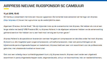 Airpress is de nieuwe rugsponsor van Cambuur